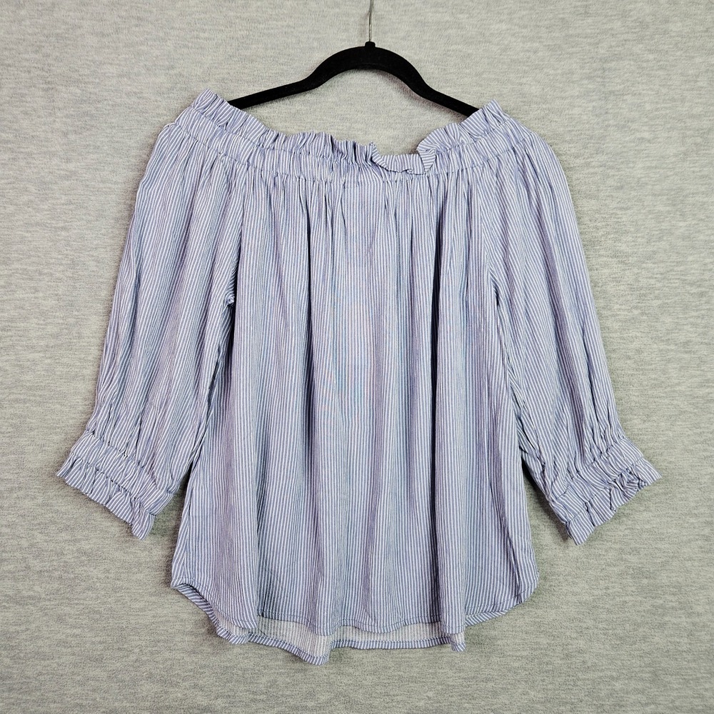 LUQ Womens Small Off Shoulder Top Blue White Striped Boho Peasant 3/4 Sleeve NWT